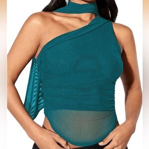 One-Shoulder Teal Mesh Top